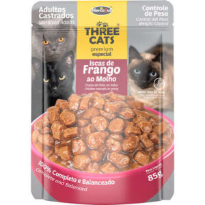 Three Cats Premium Especial Gatos Castrados Sachê Sabor Iscas de Frango ao Molho