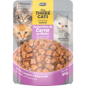 Three Cats Premium Especial Gatos Filhotes Sachê Sabor Pedacinhos de Carne ao Molho