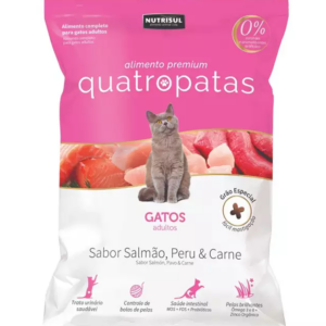 Quatro Patas Premium Gatos Adultos Sabor Salmão, Peru e Carne